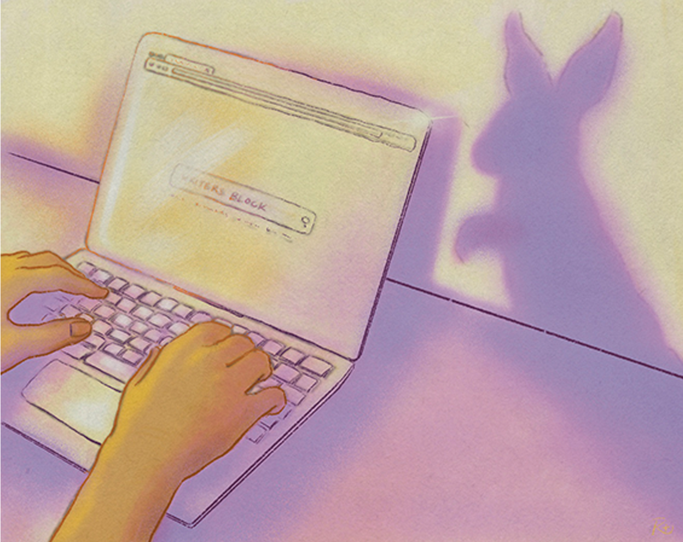 Illustration of purple shadow of rabbit cast on wall over an open laptop.