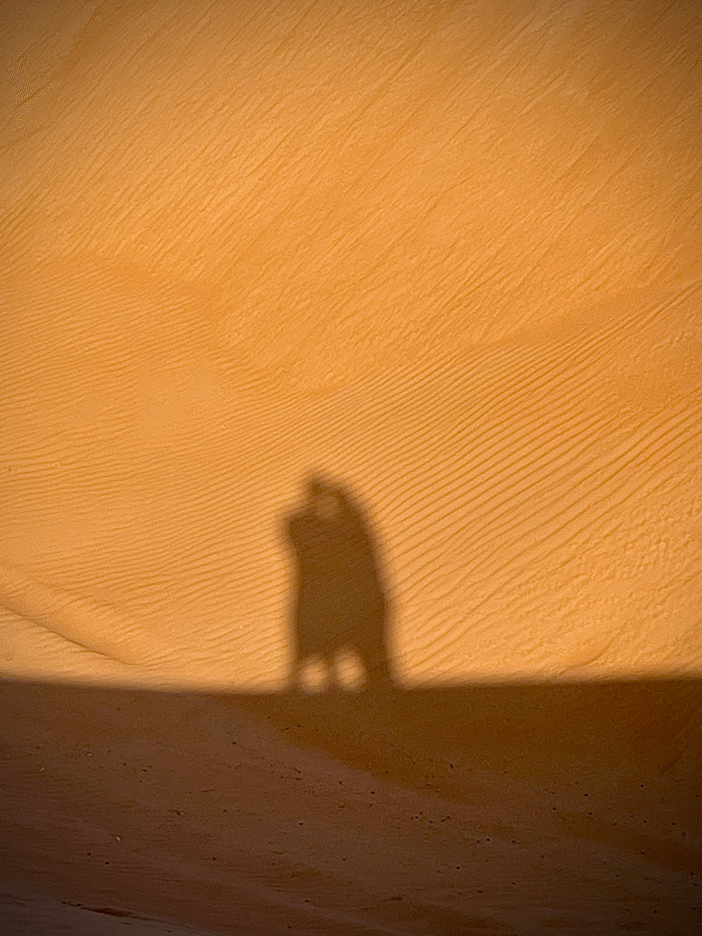 Shadow of two intertwined figures against rippled desert sand.