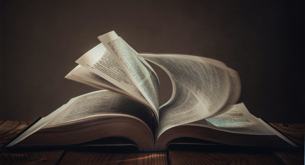 Photo of the pages of a large book with its pages blowing open against shadowy background