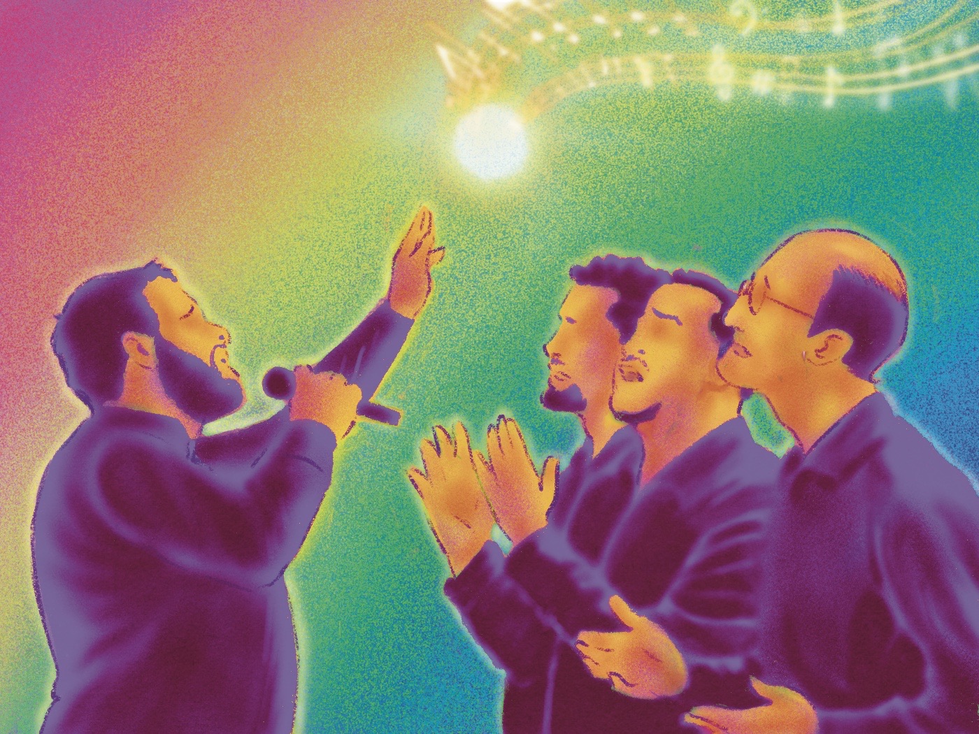 Illustration of four men singing against a rainbow background.