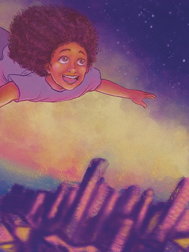 Illustration of young girl flying above a cityscape