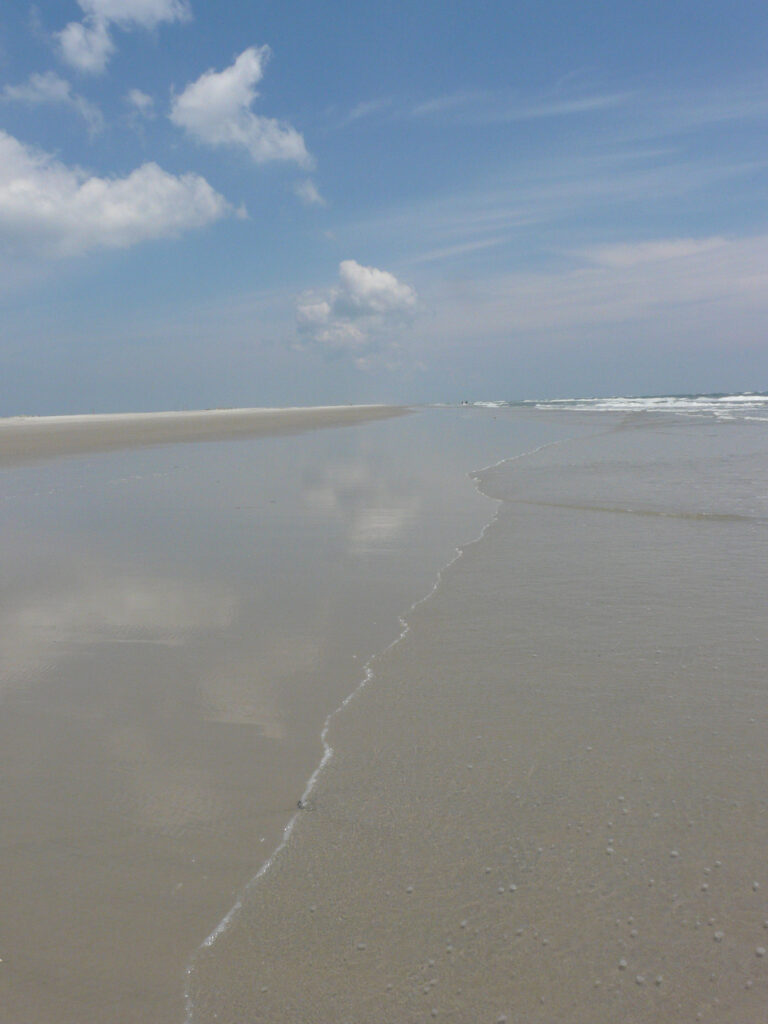 Photograph titled "Solitude" by Chris Luis showing a wet sandy beach with blue sky and incoming waves in the far distance.