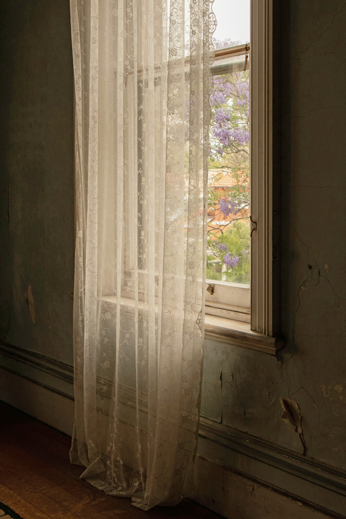Tall closed window partially covered by lace curtains
