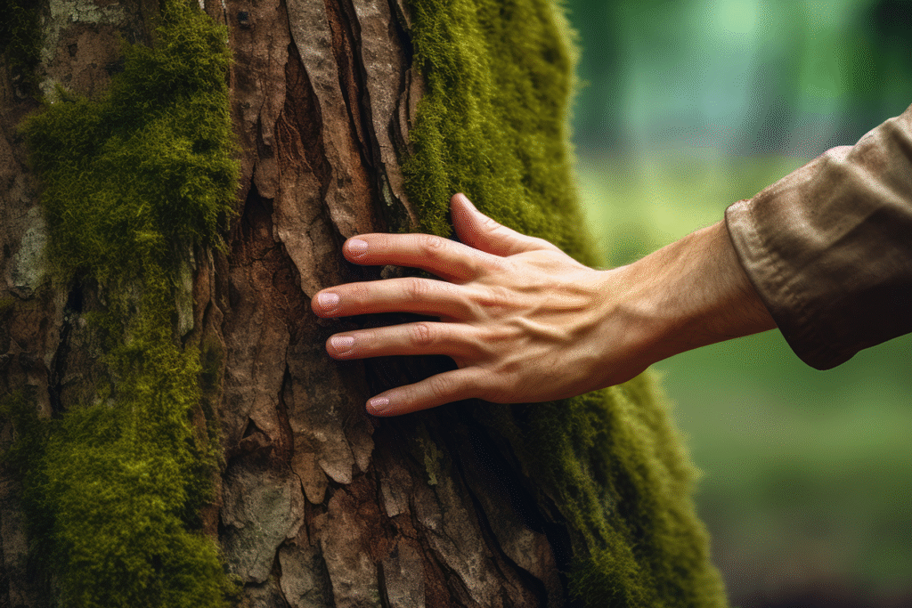 Photo of a person's resting palm down on the bark of a large tree.