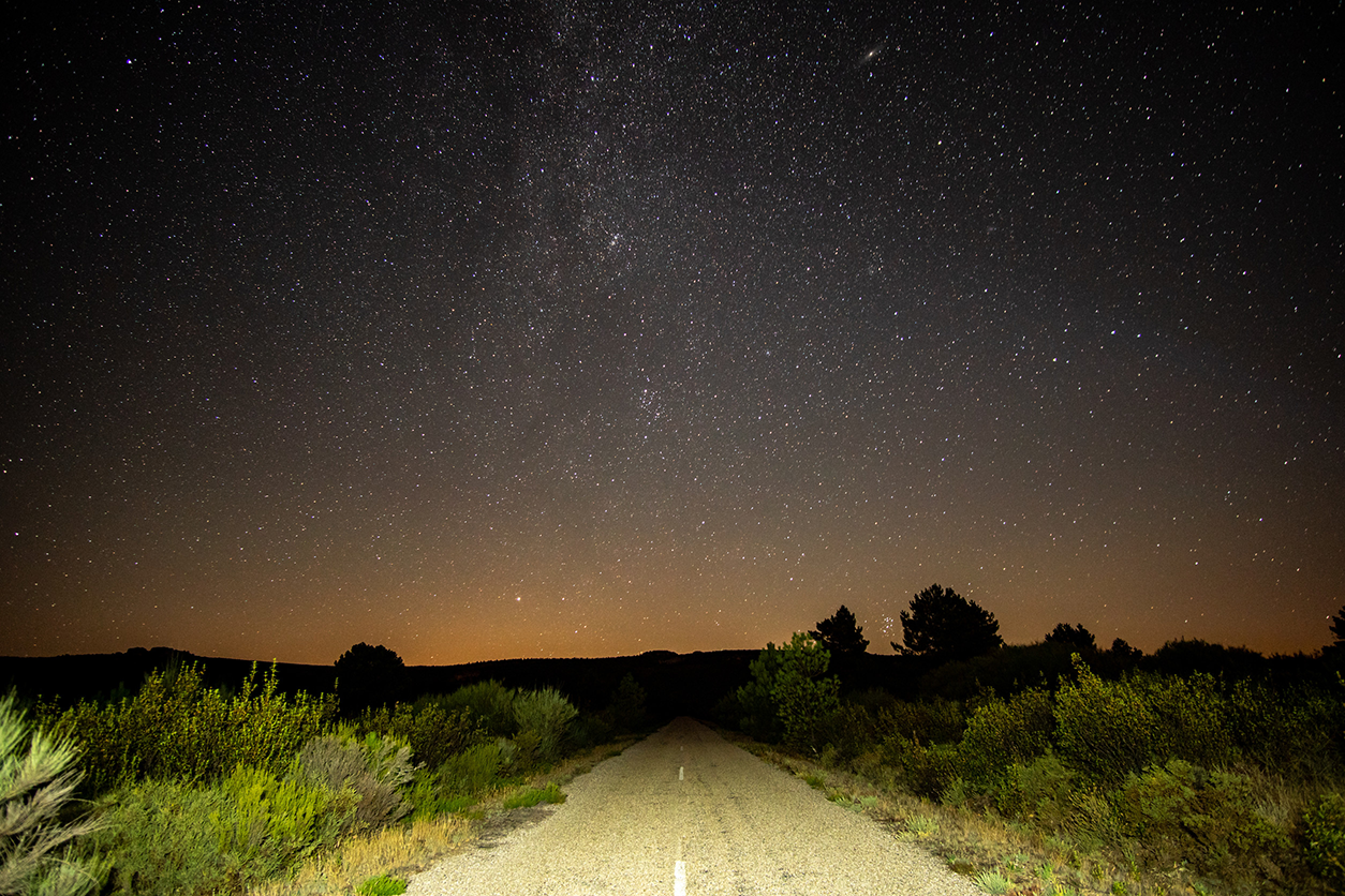 Photograph of a rural road through the Sonoran desert at night.