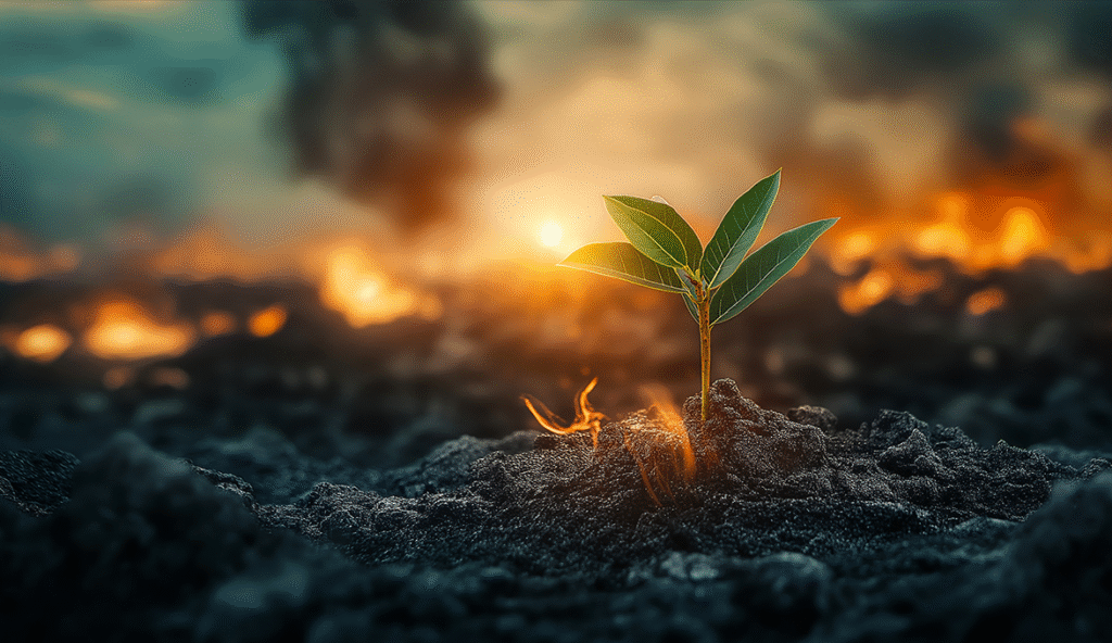 Illustration of a seedling growing on soil in a war zone with fire burning in the background