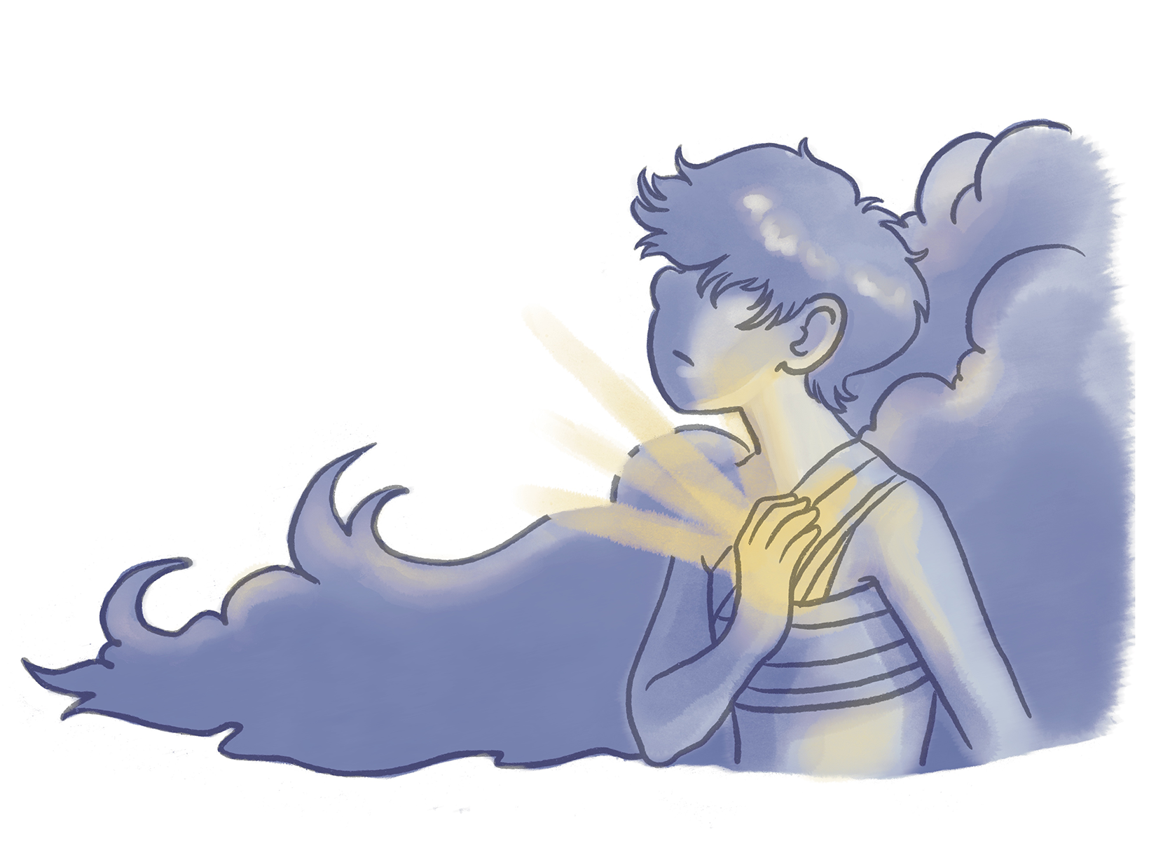 Illustration of boy with his hand on his bandaged chest