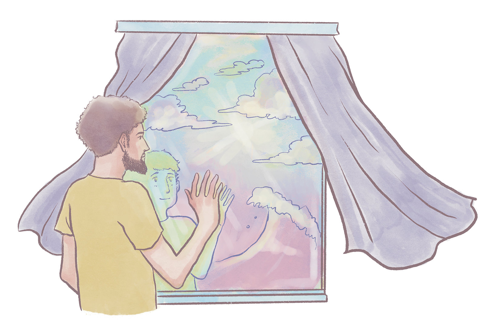 Bearded man looking out window at reflection of younger self