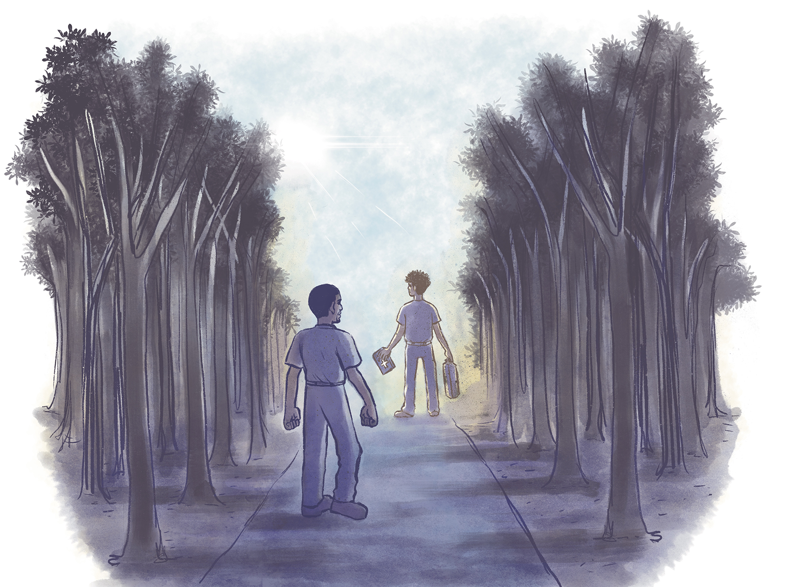 Illustration of a teenage boy and his father walking a path between towering rubber trees toward a light at the end of the road.