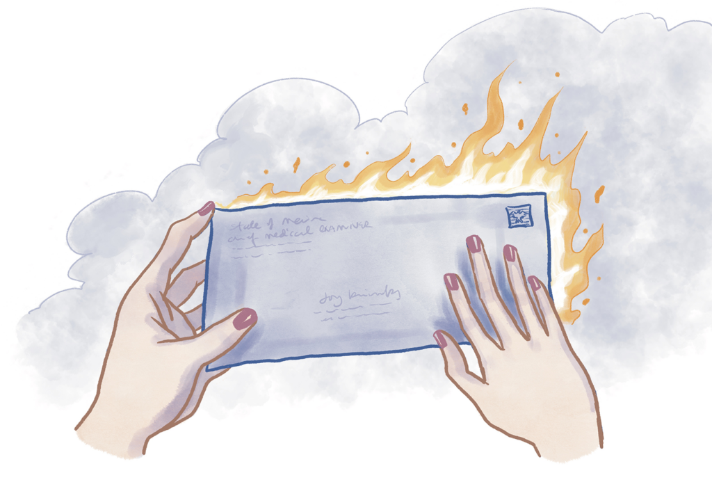 Illustration of hands holding burning envelope